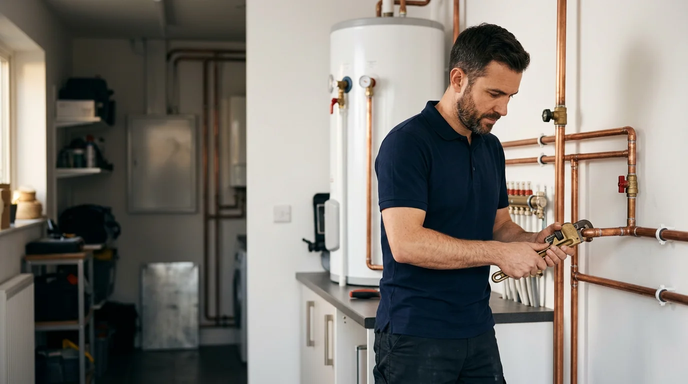 Plumbing technician working on pipes in a residential utility room